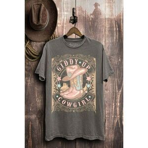 Giddy Up Cowgirl Graphic Tee Boho Western Pink Country Stone Grey Mineral Wash